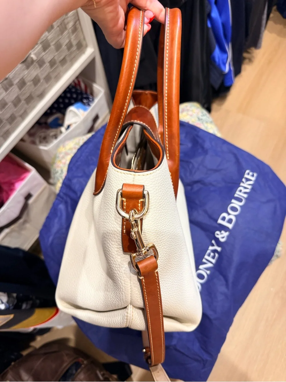 Dooney & Bourke White Leather Satchel with Brown Trim and Gold Hardware